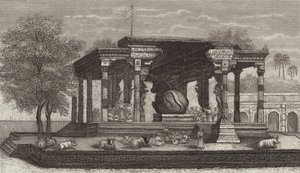 Statua del sacro toro Nandi in un tempio indù a Tanjore, India. Illustrazione per Bilder-Atlas da German School