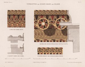 Decorazioni in terracotta dal Tesoro di Gela, Olimpia, Grecia (litografia a colori) da German School