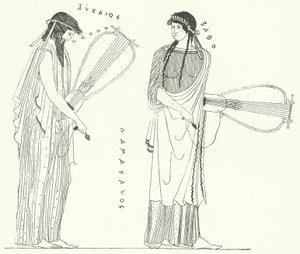 Il poeta greco antico Alceo e la sua amante Saffo (incisione)
