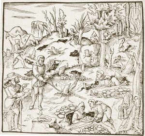 La Bacchetta Divinatoria, da Bergwerk Buch di Georg Agricola, Francoforte 1580, illustrato in una Storia della Magia, pubblicato alla fine del XIX secolo da German School