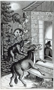 I quattro animali che gridano alla finestra, illustrazione per I musicanti di Brema, racconto dei fratelli Grimm da German School