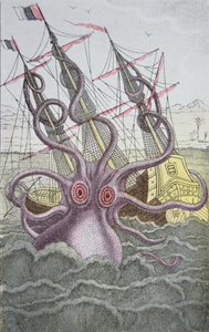 Il Kraken trascina giù una nave (incisione colorata) da German School