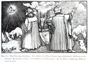 I sistemi planetari, da La Consolazione della Filosofia di Boezio, pubblicato nel 1537, illustrazione da Science and Literature in the Middle Ages and Renaissance, scritto e inciso da Paul Lacroix da German School