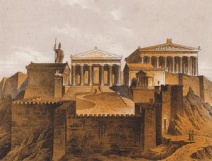 I Propilei, Atene antica, Grecia (litografia a colori)