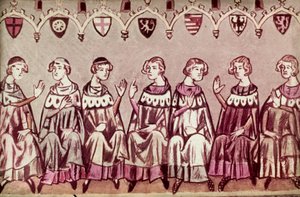 I sette principi elettori eleggono Enrico VII, Sacro Romano Imperatore, illustrazione dalla Cronaca di Enrico VII (Balduineum) 1341 da German School