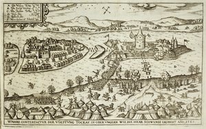 La città di Tokay recuperata dai Turchi da Herr Schwendi nel 1565, illustrazione da un libro sulle campagne ottomane in Europa, inciso da Paul Furst (c.1605-66) da German School