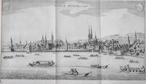 La città di Zurigo, Svizzera, dal Volume II di Itinera Alpina di Johann Jacob Scheuchzeri, pubblicato nel 1706 da German School