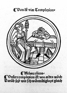 I quattro temperamenti: malinconico (triste e depresso). Xilografia, Augusta 1480 da German School