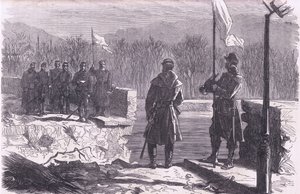 Le trattative di pace - un incontro al Ponte di Sevres, Cassells History of the War between France and Germany pubblicato da Cassell and Company Limited, c.1890 (litografia)