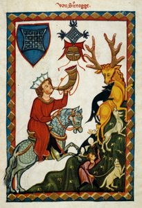 I piaceri della caccia: Re Radin di Hohenstaufen, Re di Sicilia e Gerusalemme sotto il nome di Corrado II, Duca di Svevia sotto il nome di Corrado III e Re dei Romani sotto il nome di Corrado V (1252-1268) caccia cervi. Miniatura