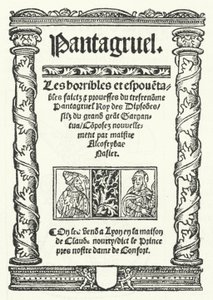 Pagina del titolo della più antica edizione conosciuta di Pantagruel, un romanzo di François Rabelais (incisione)