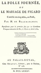 Pagina del titolo della commedia Le nozze di Figaro, di Pierre Beaumarchais, rappresentata per la prima volta nel 1784 (incisione) da German School
