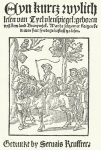 La pagina del titolo della più antica edizione nota in basso tedesco di Till Eulenspiegel, stampata da Servais Kruffter (incisione)