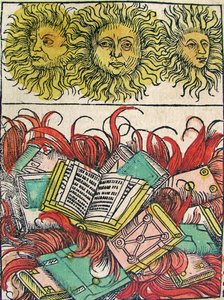 Tre soli e rogo dei libri, pubblicato nella Cronaca di Norimberga, 1493