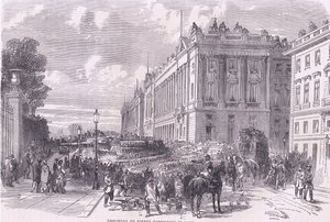 Costruzione di barricate stradali a Parigi, Cassells History of the War between France and Germany pubblicato da Cassell and Company Limited, c.1890 (litografia) da German School