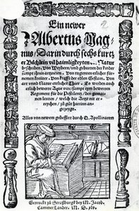 Pagina del titolo per un nuovo Alberto Magno: sei brevi libri che descrivono molti dei segreti della natura, pubblicato nel 1514 (xilografia e tipografia)