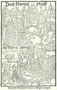 Pagina del titolo della prima edizione della Nave dei Folli di Sebastian Brant, stampata da Johann Bergmann von Olpe a Basilea nel 1491 (incisione)