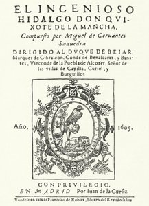 Pagina del titolo della prima edizione del romanzo Don Chisciotte, di Miguel de Cervantes (incisione) da German School