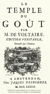 Pagina del titolo della prima edizione di Le Temple du Gout di Voltaire, scrittore e filosofo francese