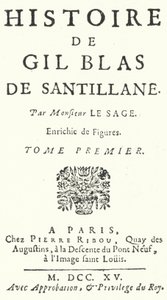 Pagina del titolo della prima edizione di Gil Blas del romanziere e drammaturgo francese Alain-Rene Lesage, pubblicata nel 1715 (incisione)