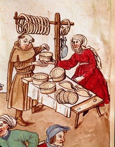 Commercio: un venditore di pane. Miniatura da "Cronache del Concilio di Costanza" di Ulrich Richental (1360-1437) circa 1438 Praga, Biblioteca Nazionale da German School