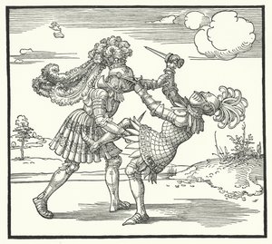 Due cavalieri che combattono a piedi da German School