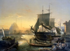 Vista delle navi sul Bosforo al tramonto
