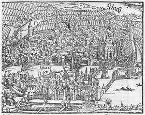 Veduta di Zurigo, da Cosmographie Universelle di Sebastien Munster (1488-1552) Basilea, pubblicato nel 1559 da German School