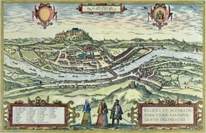 Veduta della città di Salisburgo sulle rive del fiume Salzach con il castello di Honensalzburg sullo sfondo, da 