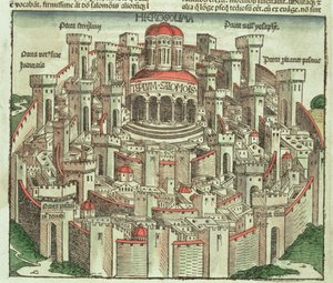 Vista della città murata di Gerusalemme con il Tempio di Salomone e le porte della città, dal Nuremberg Chronicle di Hartmann Schedel, 1493 da German School