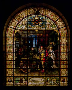 William Caxton mostra il suo primo libro stampato a Edoardo IV e sua moglie, Elizabeth Woodville nel 1477, di Mayer e Co., ditta di Monaco attiva a Londra, c.1880