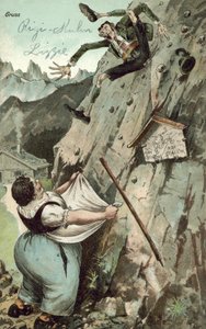 Donna che cattura un uomo che cade dalla montagna (litografia a colori) da German School