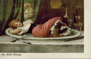Donna sdraiata su un piatto con una borsa di denaro (litografia a colori)