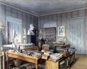 Stanza di lavoro di Wilhelm Grimm (1786 -1859) a Berlino, 7 Linkstrasse. Incisione di Mr. Hoffmann. Nationalmuseum, Norimberga. 1860