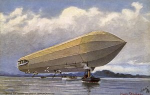 Dirigibile Zeppelin che decolla da un lago
