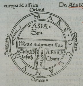 f.177v Mappa T-in-O, con nomi di luoghi in caratteri tipografici, da Isidoro di Siviglia, Liber Etimologiarvm