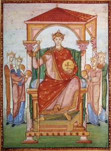 Ottone III (980-1002) imperatore germanico che riceve il tributo delle nazioni. Miniatura dal manoscritto "Evangelario di Ottone III", fine X secolo. Chantilly, Museo Condé da German School