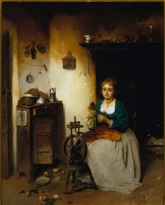 Giovane donna che fila la lana, la sua espressione è triste e il suo interno miserabile. Dipinto di Gerolamo Induno da Gerolamo Induno