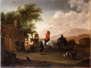 Viaggiatori a cavallo che si ristorano su un passo di montagna, in un paesaggio italianeggiante da Gerrit Adriaensz Berckheyde