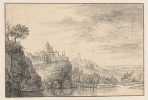 Vista fantastica di una città su una riva alta del fiume