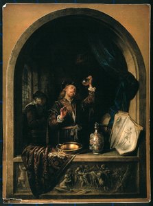 Un medico che esamina un campione di urina di una donna anziana da Gerrit Dou