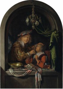 Tedesco: Der Zahnarzt Un barbiere-chirurgo che esamina una ragazza da Gerrit Dou