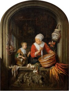 Donna che vende aringhe e ragazza in vetrina da Gerrit Dou