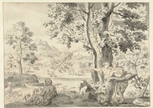 Paesaggio alberato con un pastore, un uomo e una donna da Gerrit Grasdorp (possibly)