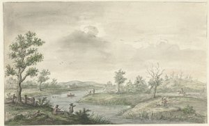 Paesaggio con fiume tortuoso e pescatori