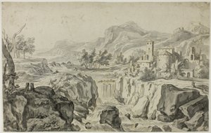 Paesaggio italianeggiante con cascata e edifici
