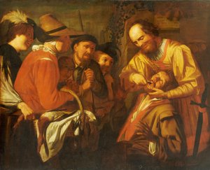 Un dentista ciarlatano estrae un dente, mentre un gruppo di spettatori osserva da Gerrit van Honthorst