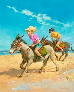Ragazzo e ragazza a cavallo di asini sulla spiaggia