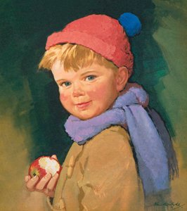 Ragazzo che mangia una mela (litografia a colori)