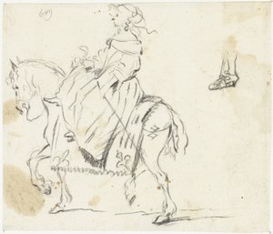 Donna a cavallo, vista di lato, con schizzo di una gamba e un piede da Gesina ter Borch